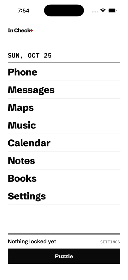 The In Check home screen: the date, then a plain list of apps (Phone, Messages, Maps, Music, Calendar, Notes, Books, Settings) and a Puzzle button.