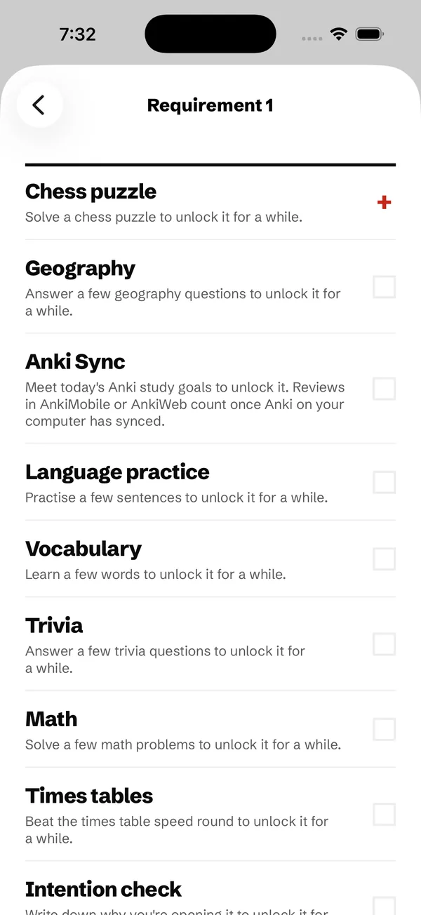 A list of unlock methods with short descriptions and Chess puzzle selected.