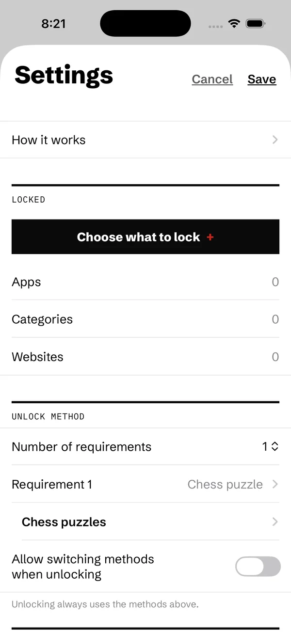 Settings with a Choose what to lock button and counts for apps, categories and websites.